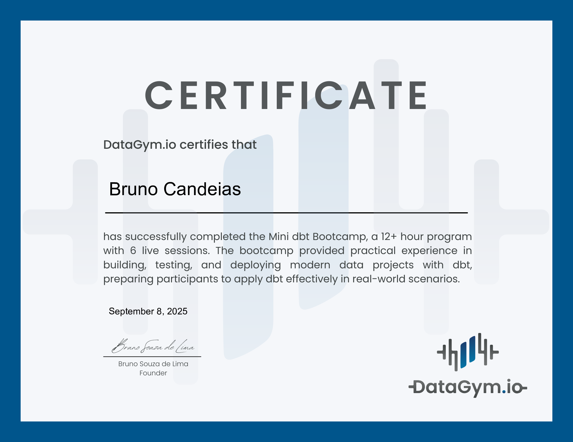 Bruno Candeias - DataGym.io Mini dbt Bootcamp Certification