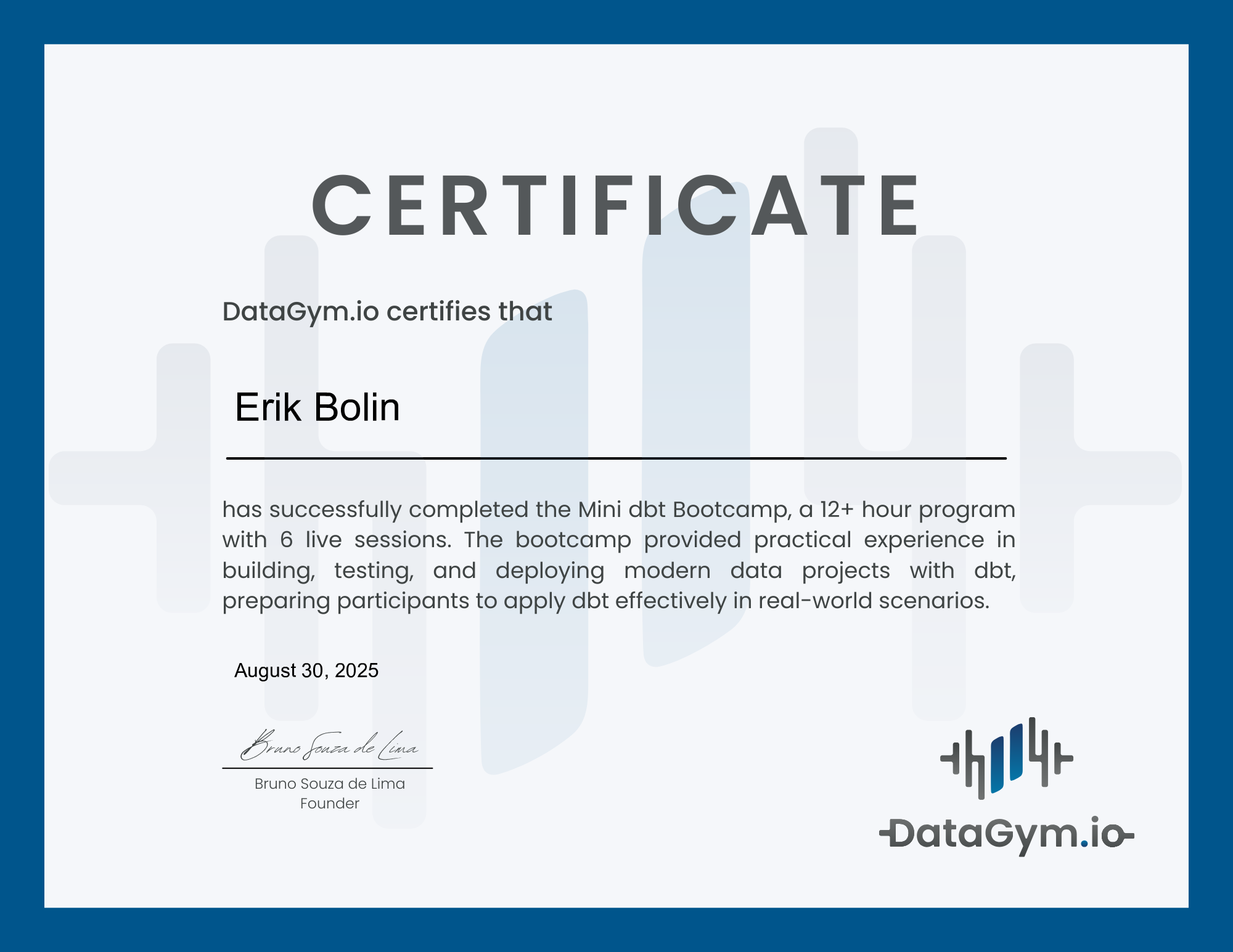 Erik Bolin - DataGym.io Mini dbt Bootcamp Certification